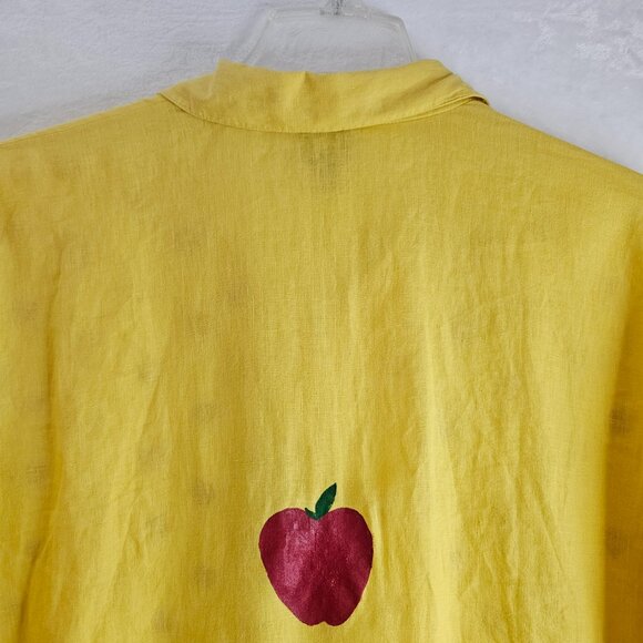 Eileen Fisher Yellow Button Up Top 100% Irish Linen Hand Painted Red Apples XL - Picture 15 of 16